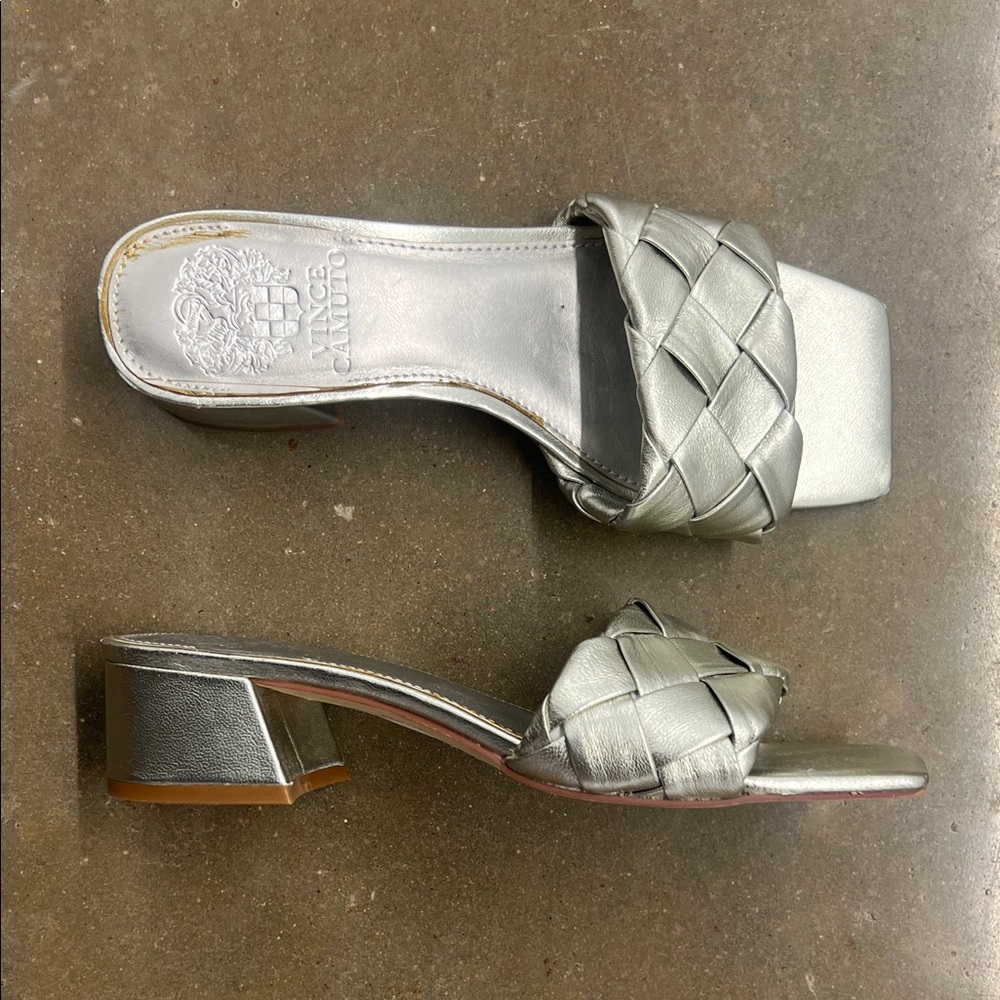 Vince Camuto Silver Woven Mules Low Block Heel Slides 5.5